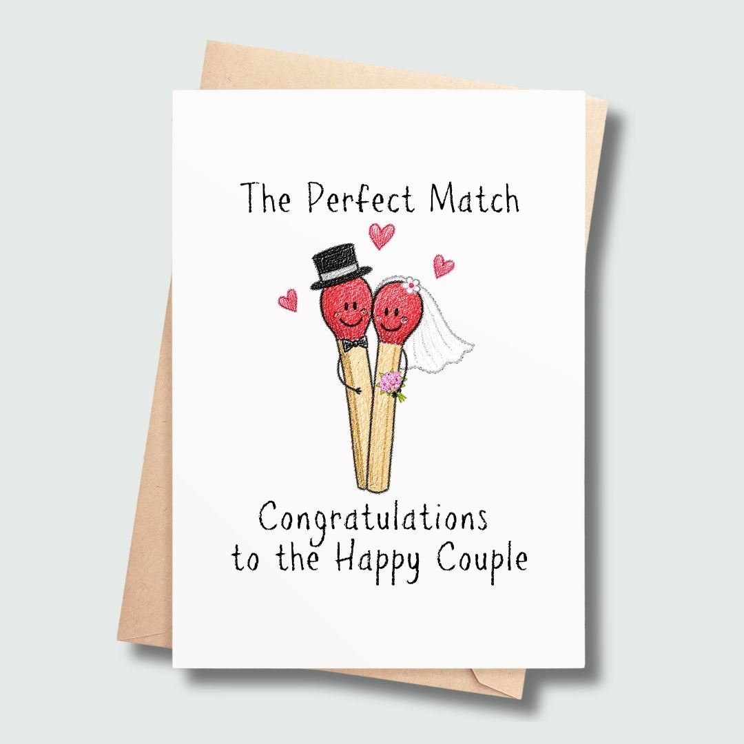 Wedding card featuring bride and groom matchsticks with The Perfect Match design.