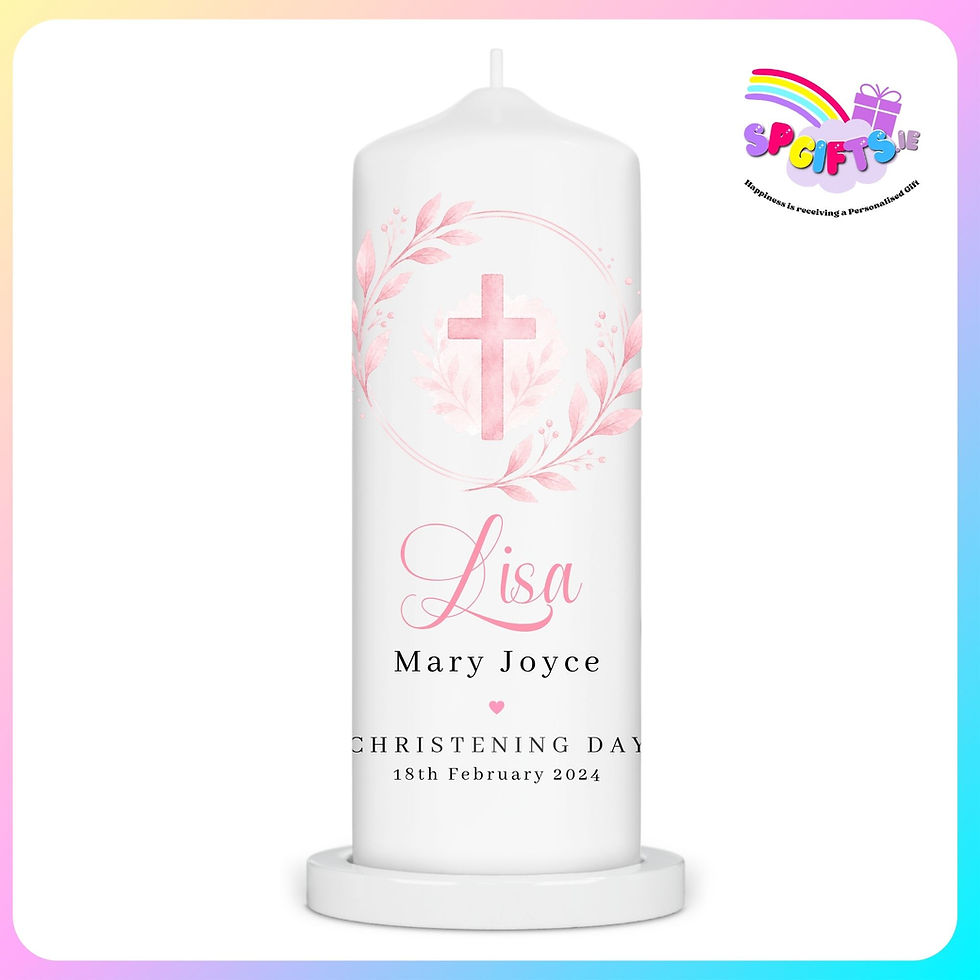 Pink watercolour cross personalised Christening candle with optional matching bag, printed in Ireland.