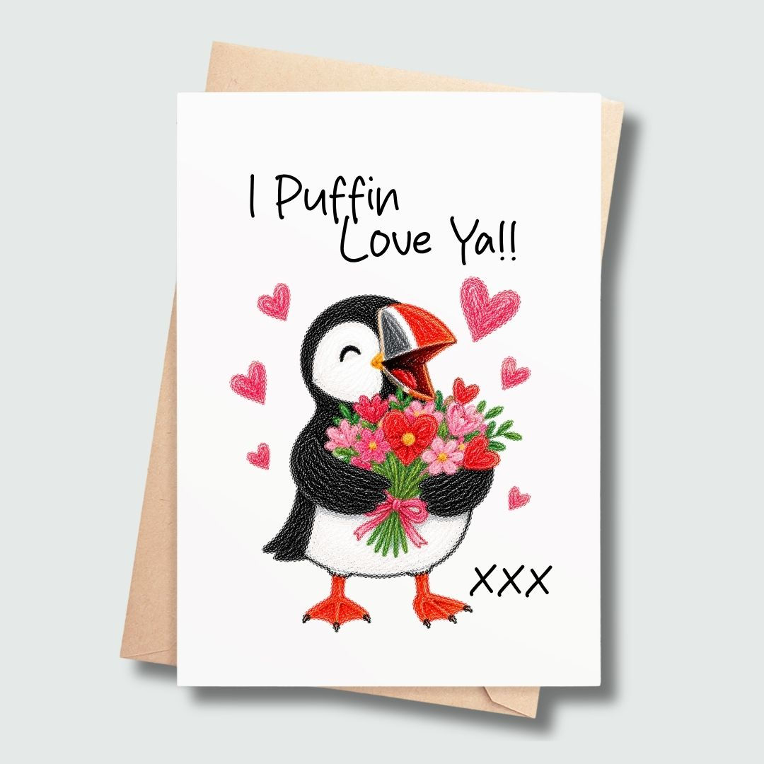 Cute puffin love card featuring Percy the Puffin holding a bouquet of flowers and hearts.