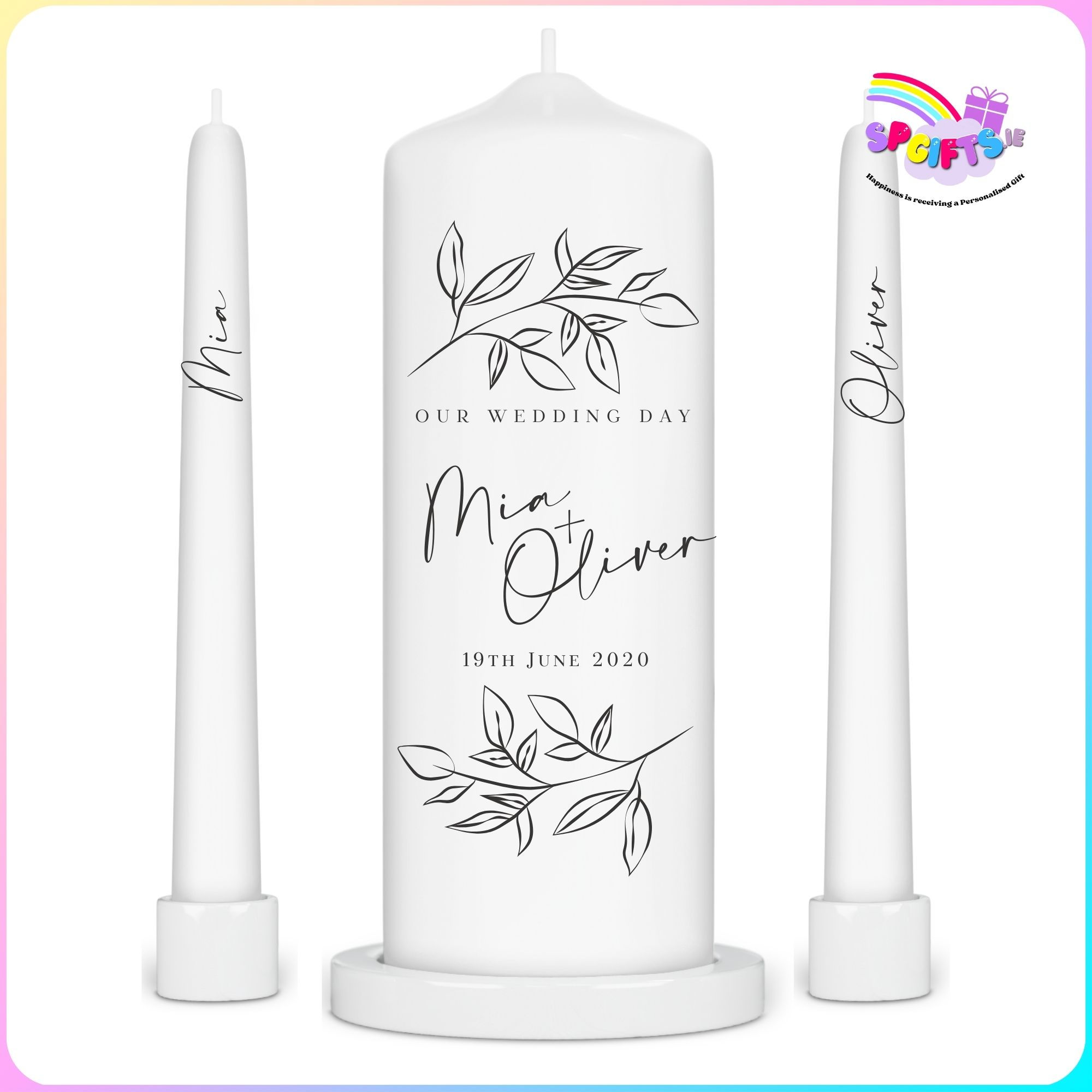 Personalised Wedding Unity Candle Set with black line art leaf design – includes pillar and taper candles