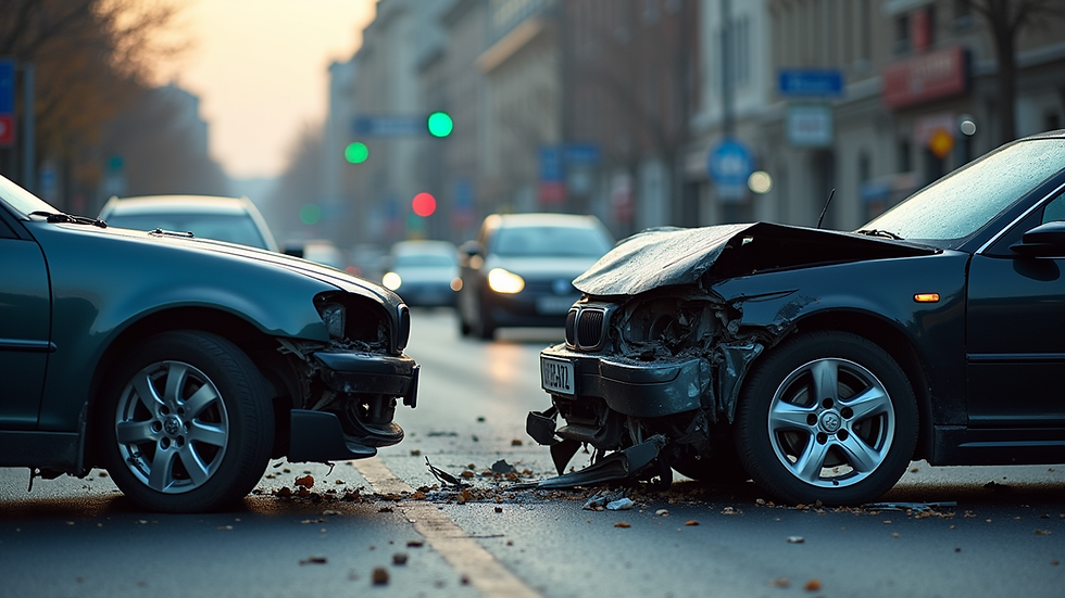 Eye-level view of a car accident scene with damaged vehicles
