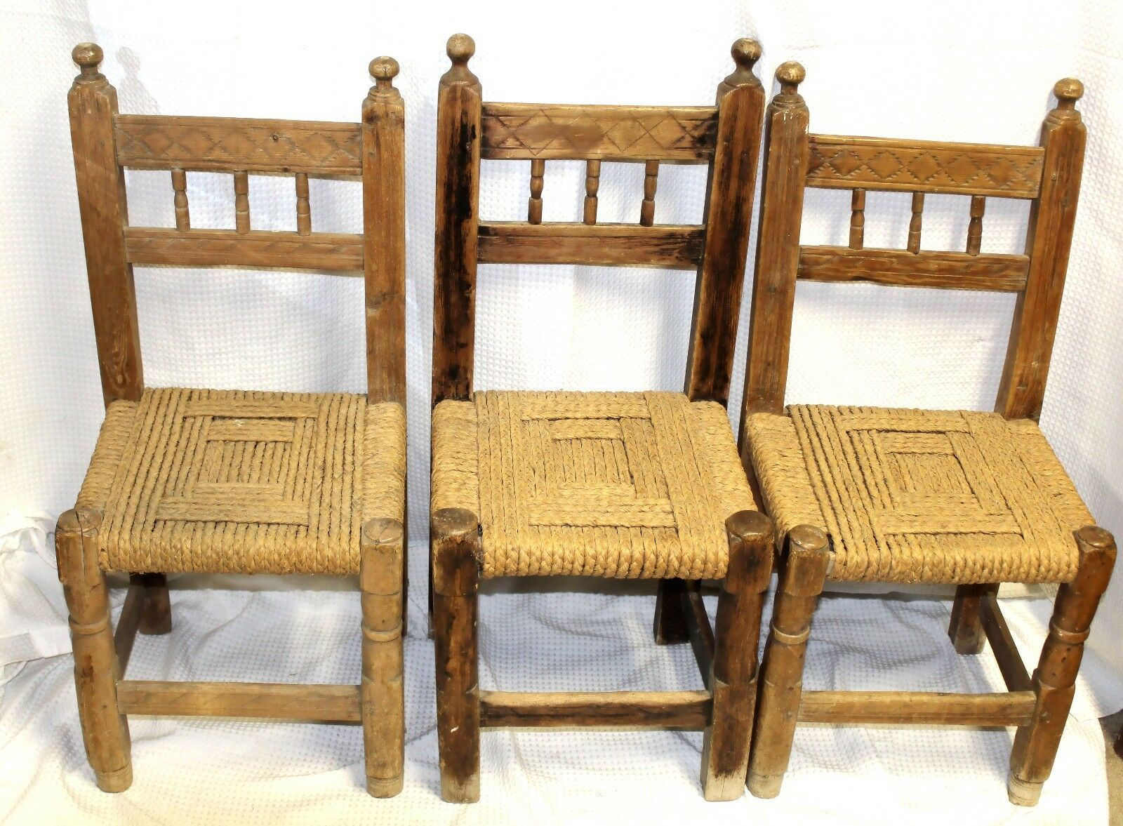 Antique American Woven-Rush Seat Chairs, Set of 3