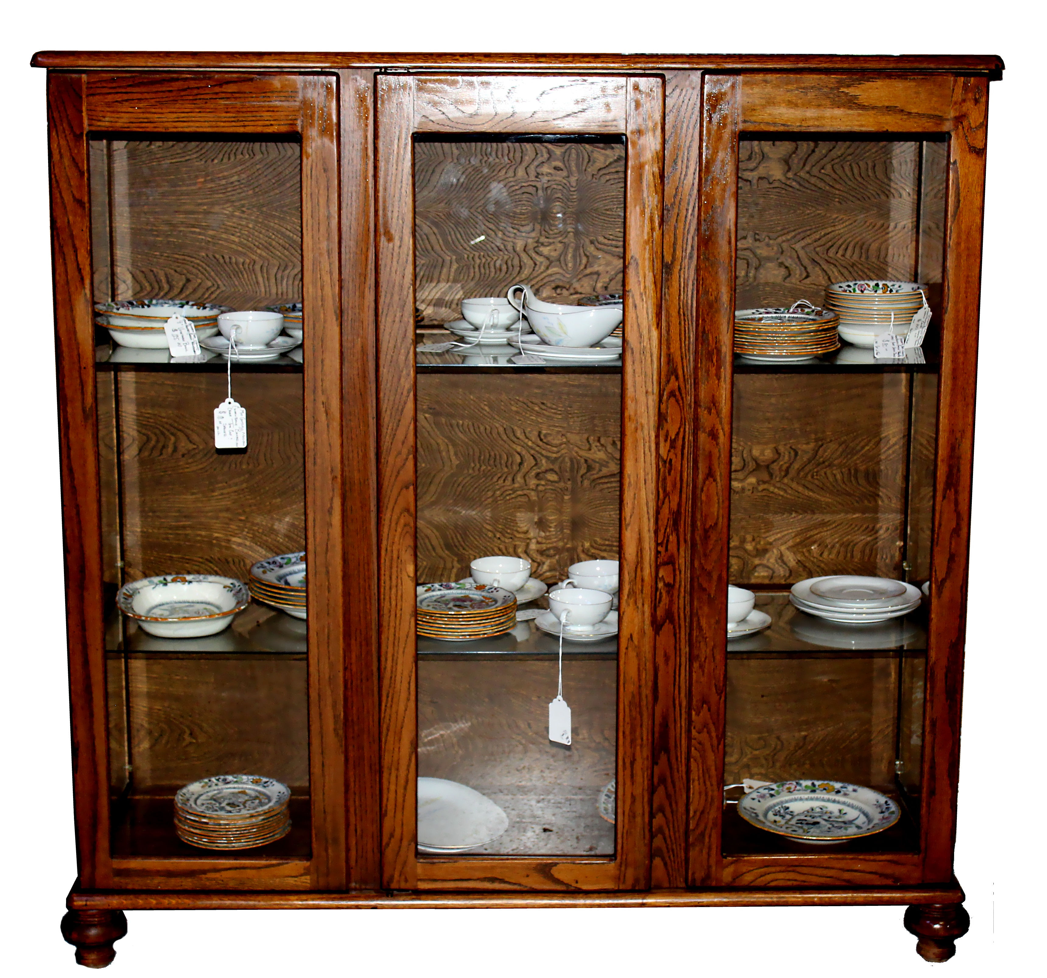 Vintage Solid Oak Triple Door Glass Bookcase w/ Glass Shelves