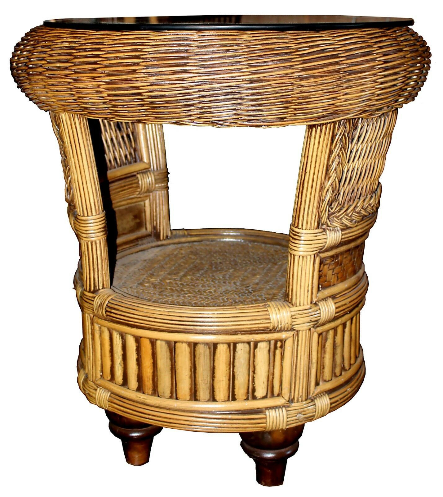 Hand-Woven Round Wicker Glass Top End Table
