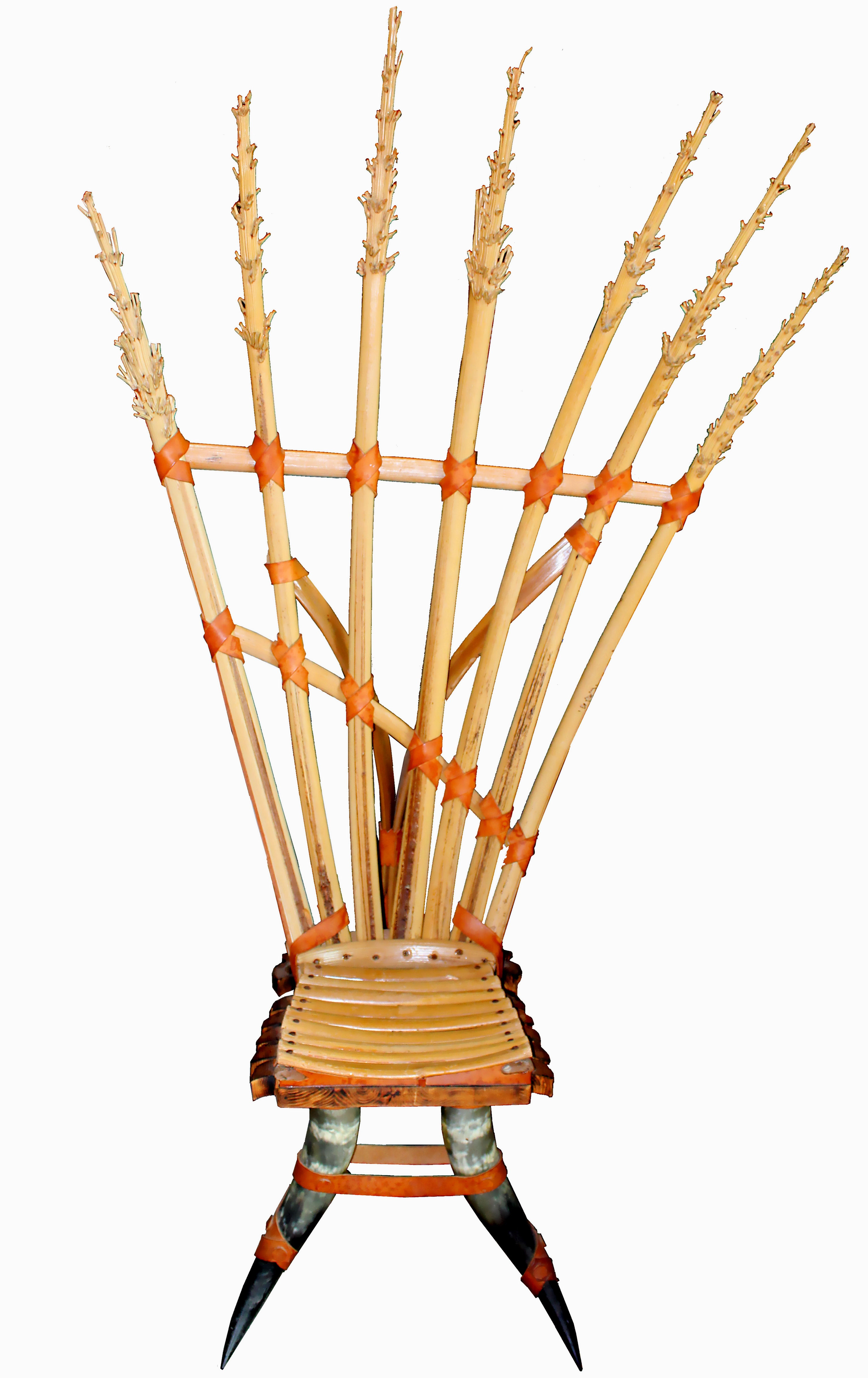 Novelty Hand-Made Bamboo, Cane, Leather, and Horn Throne Chair