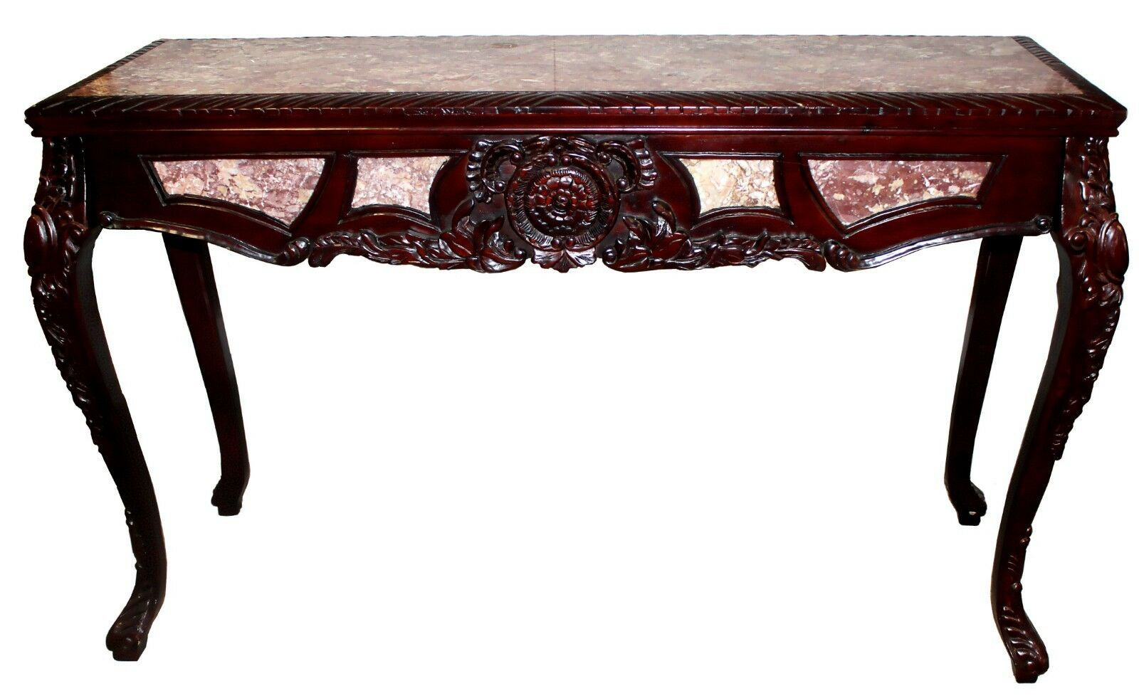 Ornate Cherry Wood Marble Top Console Table