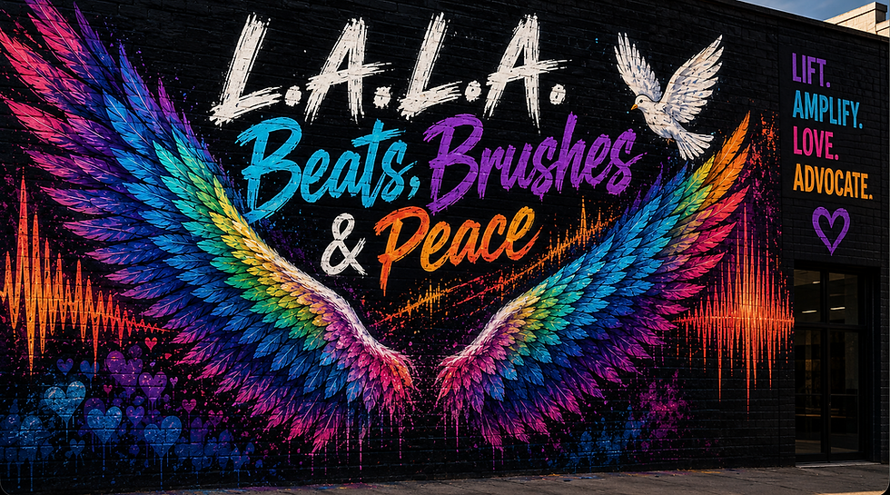 Vivid urban mural with rainbow wings