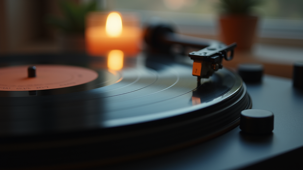 Eye-level view of a vinyl record spinning on a turntable