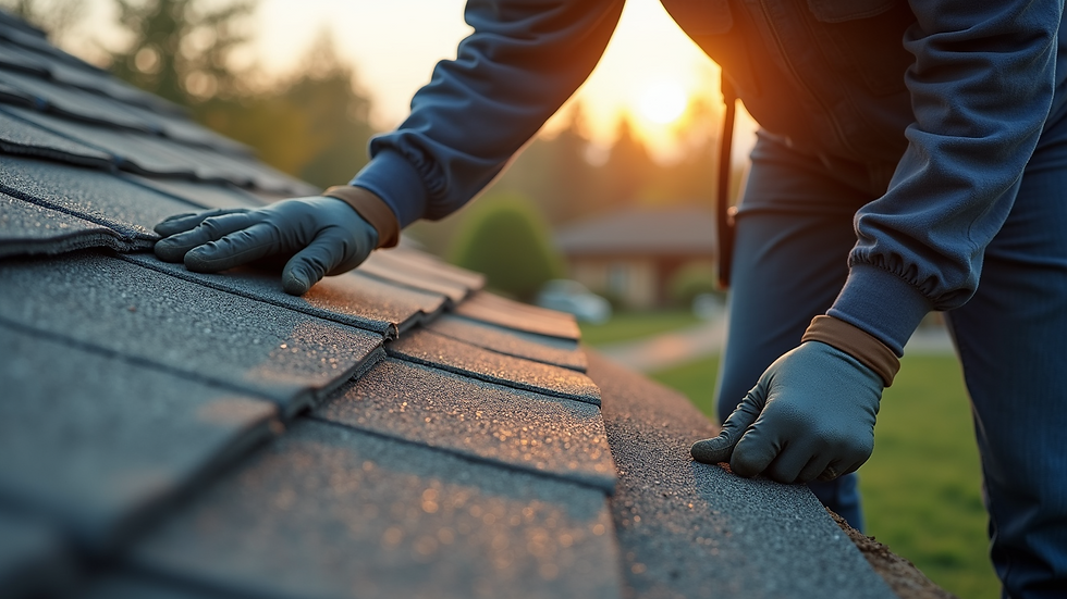 High angle view of a homeowner inspecting roof shingles