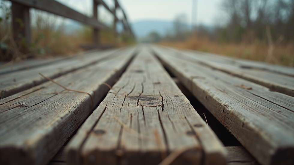 Close-up view of rotting wooden deck boards