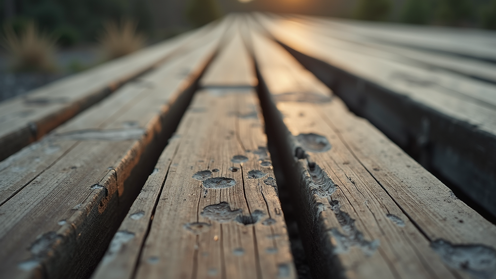 Close-up view of rotting wooden deck boards
