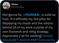 Not gonna lie.
@HUDDLN_
is solid as fuck. It’s officially my 3rd pillar for displaying my music and the visions behind all of my work outside of my own footwork and mktg strategy. Appreciate y’all for existing! #web3 #AudioNFT #AVnft #NFTCommunity