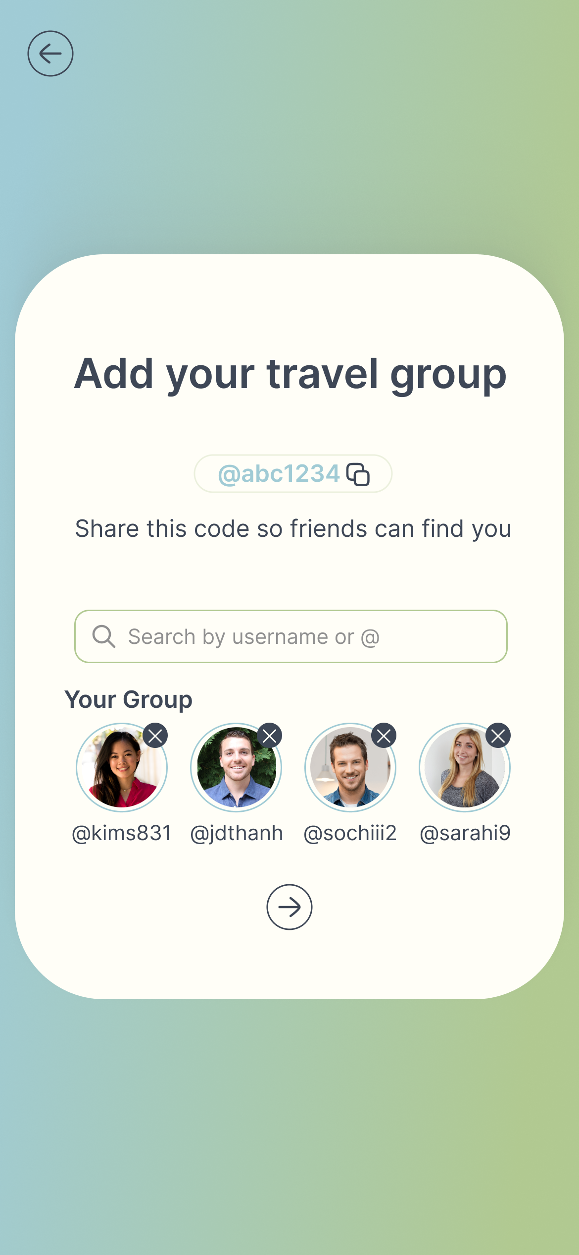 Screen allowing users to invite friends and create a travel group for shared budgeting.