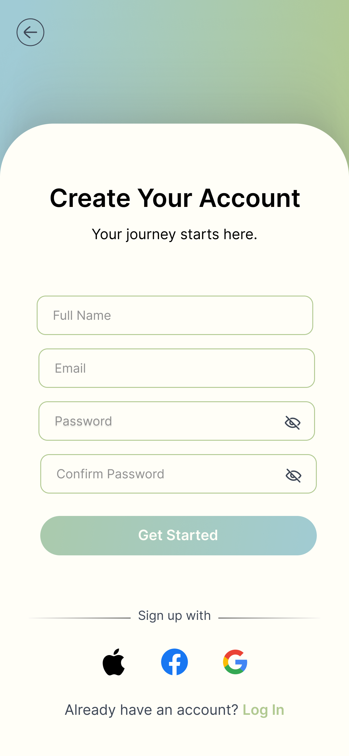 Account creation screen where users enter their name, email, and password to get started.