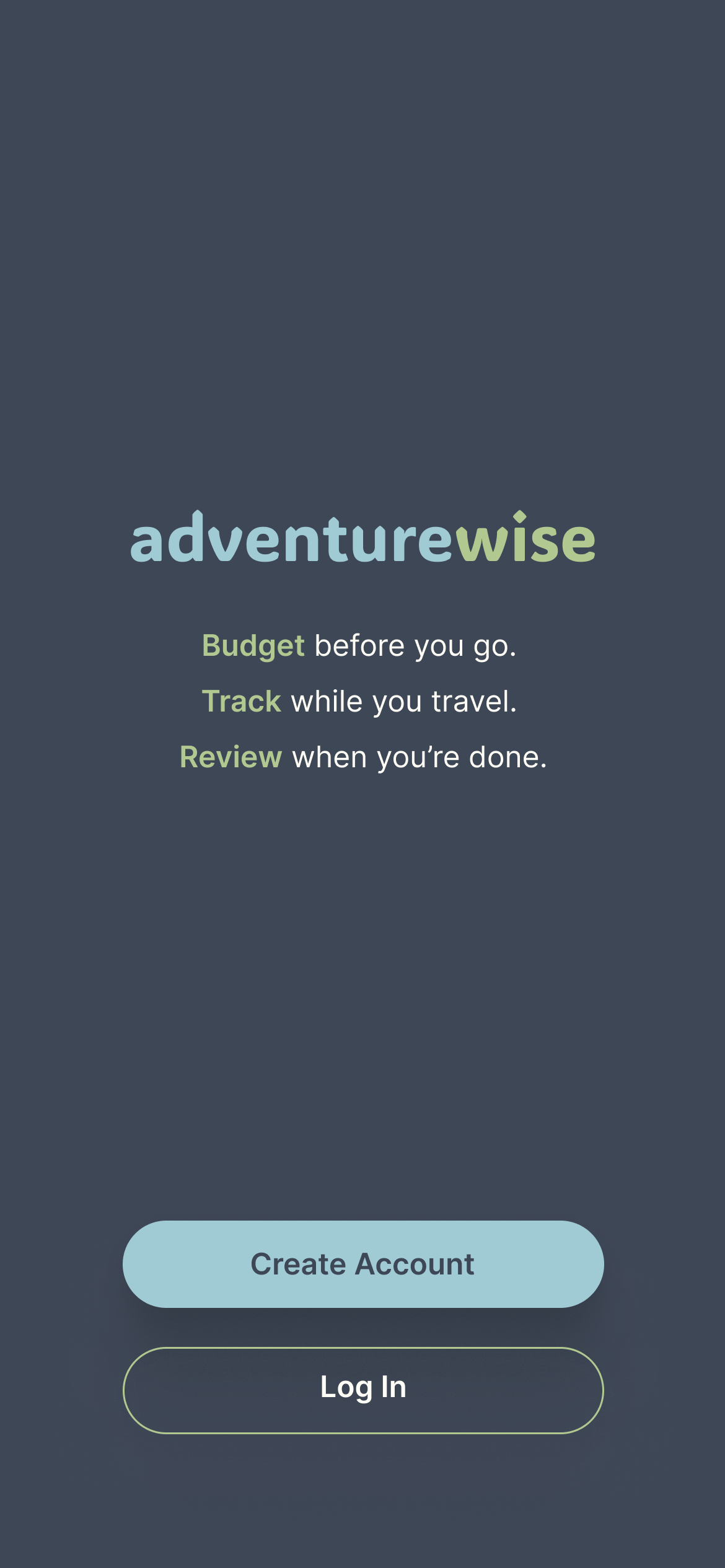 Welcome screen introducing AdventureWise with options to create an account or log in.