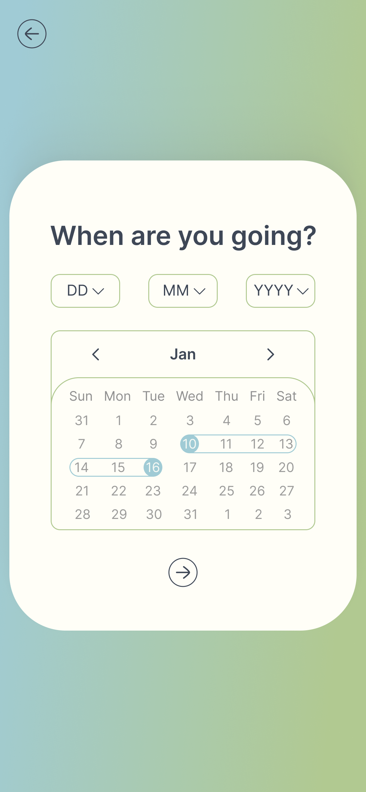 Calendar screen where users select their travel dates to determine the savings timeline.