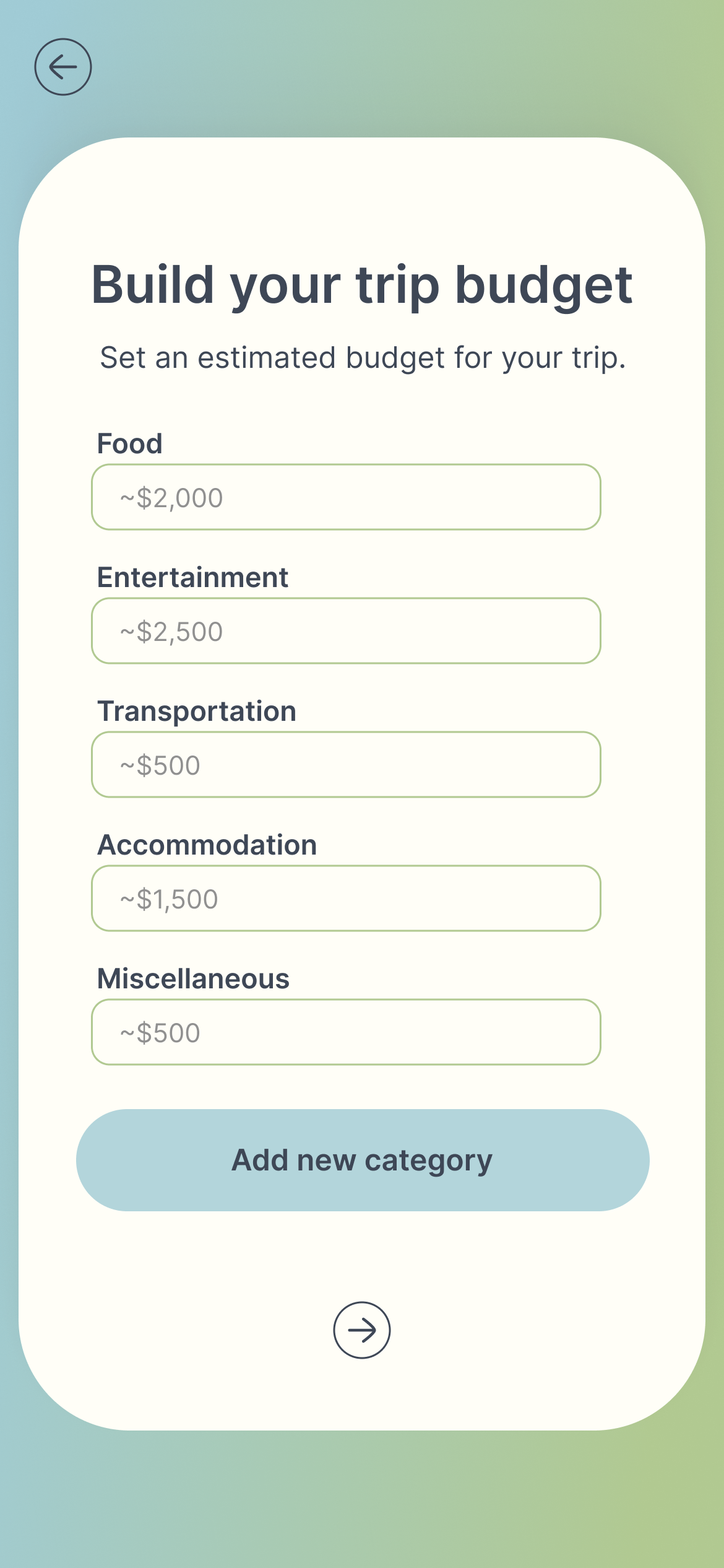 Budget setup screen where users define estimated spending by category, such as food, transportation, and accommodation