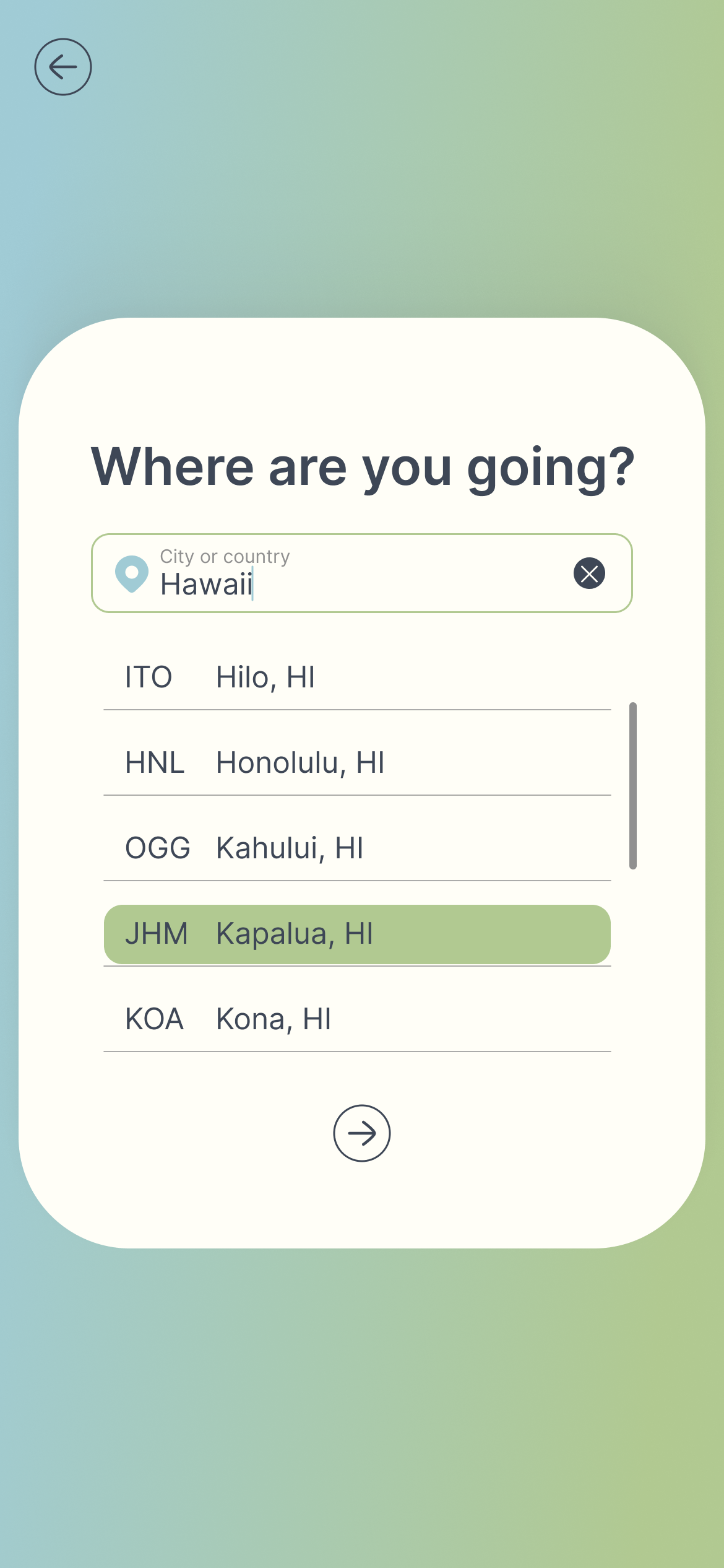 Destination selection screen where users search for and select a city or country to inform budget estimates.