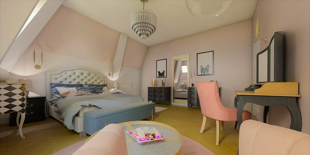 Décoration d'une chambre, tendance rose, mobilier tendance,, rendu 3D.