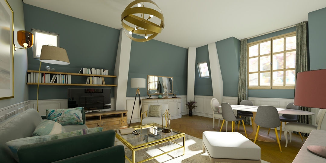 Décoration d'intérieur d'un salon, tendance verte, mobilier moderne, lumineux, rendu 3D. 