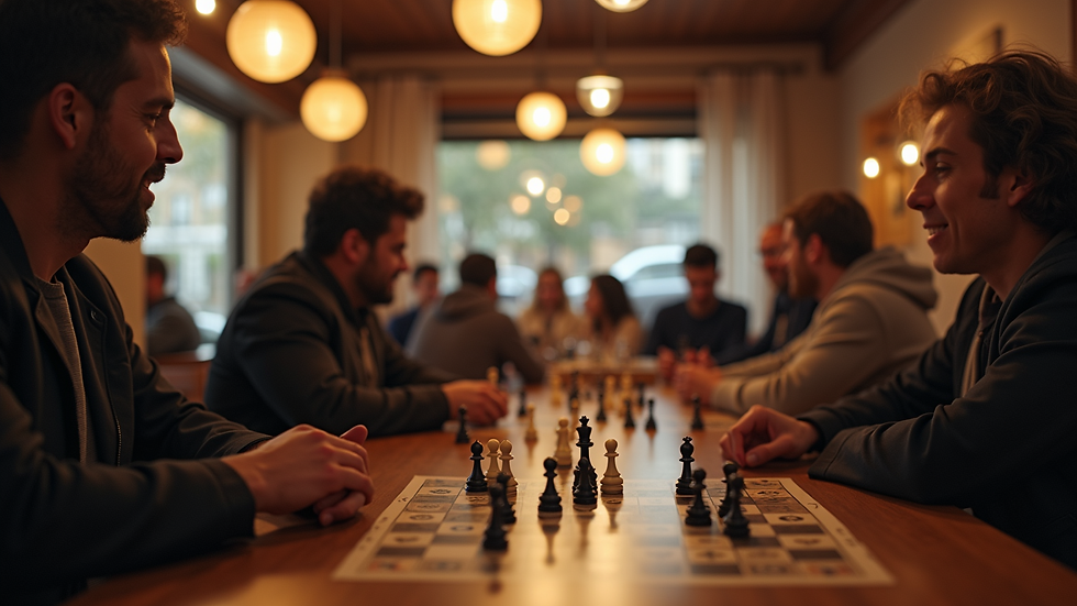 Eye-level view of a cozy board game cafe with people enjoying games