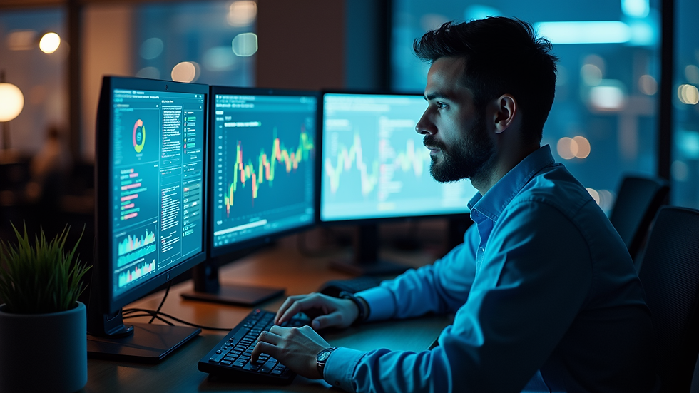 high angle view of a data analyst working with multiple monitors