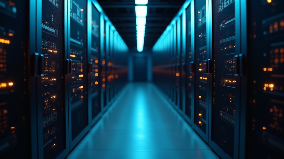 high angle view of a data center with blinking server lights