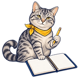A cat with a pencil and an open notebook