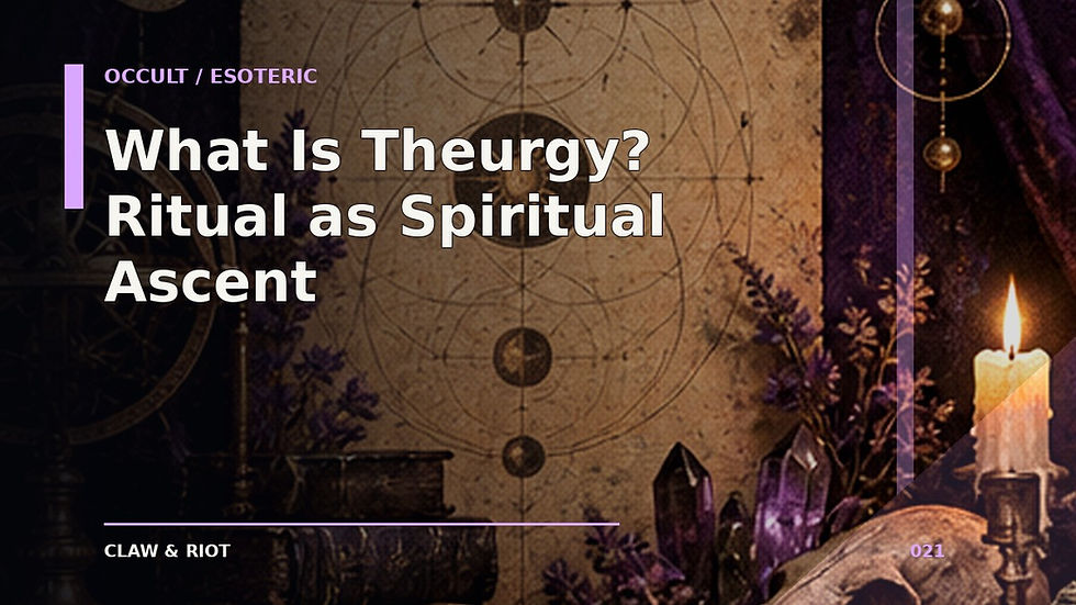 Dark editorial illustration for “What Is Theurgy? Ritual as Spiritual Ascent,” with occult / esoteric motifs in Claw & Riot’s visual style.