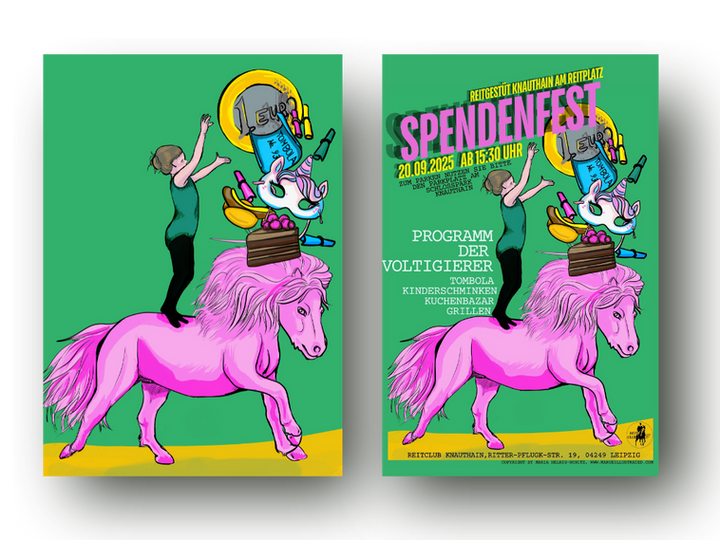 A pink pony and a gymnastic girl is throwing Money, a piece of cake, a sausage, a carneval mask and raffle batches