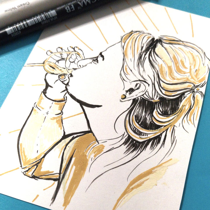 a sketch of a woman, drinking a glass of wine, black lines, yellow color highlights