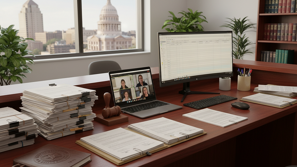 Eye-level view of Texas Secretary of State office counter with documents