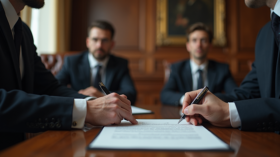 High angle view of a notary signing session