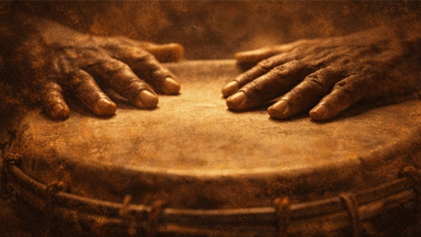 Close-up of hands playing large surdo drums, honoring Afro-Brazilian musical roots.