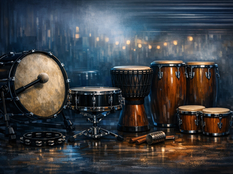 Semi-realistic digital painting of various percussion drums in a dynamic composition, illustrating percussion drumming storytelling.