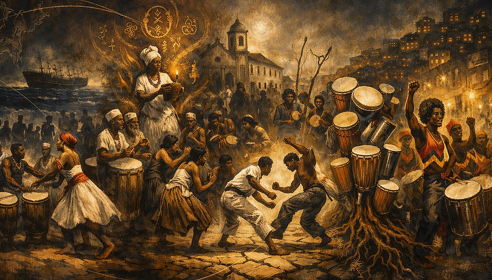 Historical photos of early bloco afro percussionists, illustrating African roots of Samba Reggae.