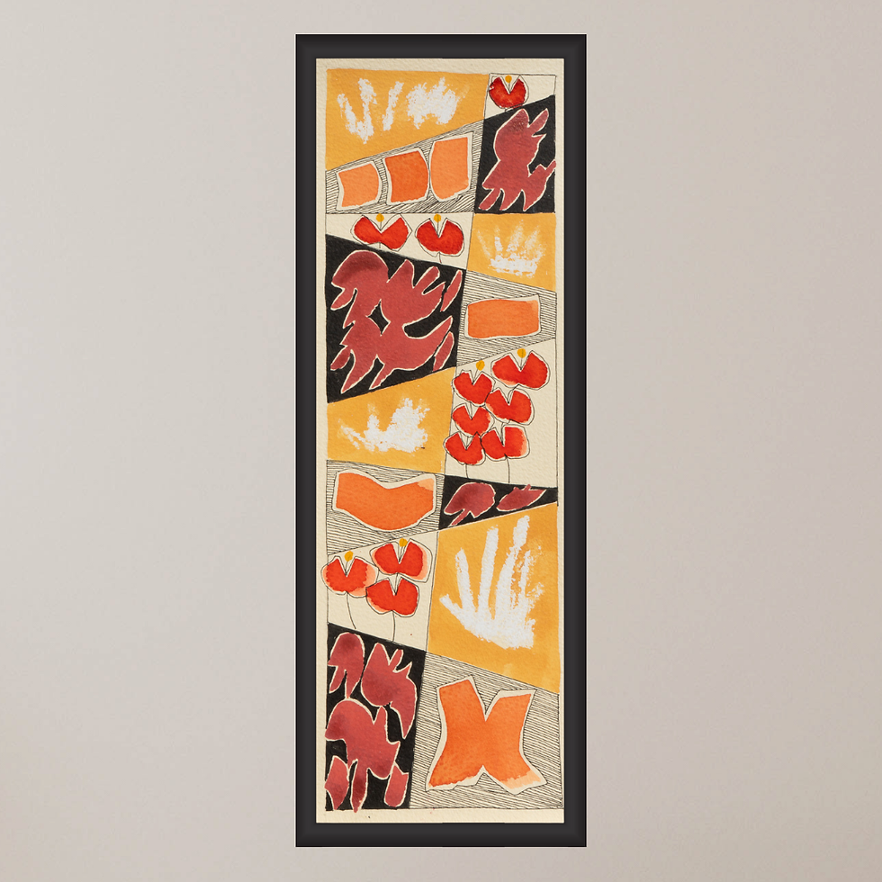 a mockup of a watercolour painting in orange tones in black frame with dimensions