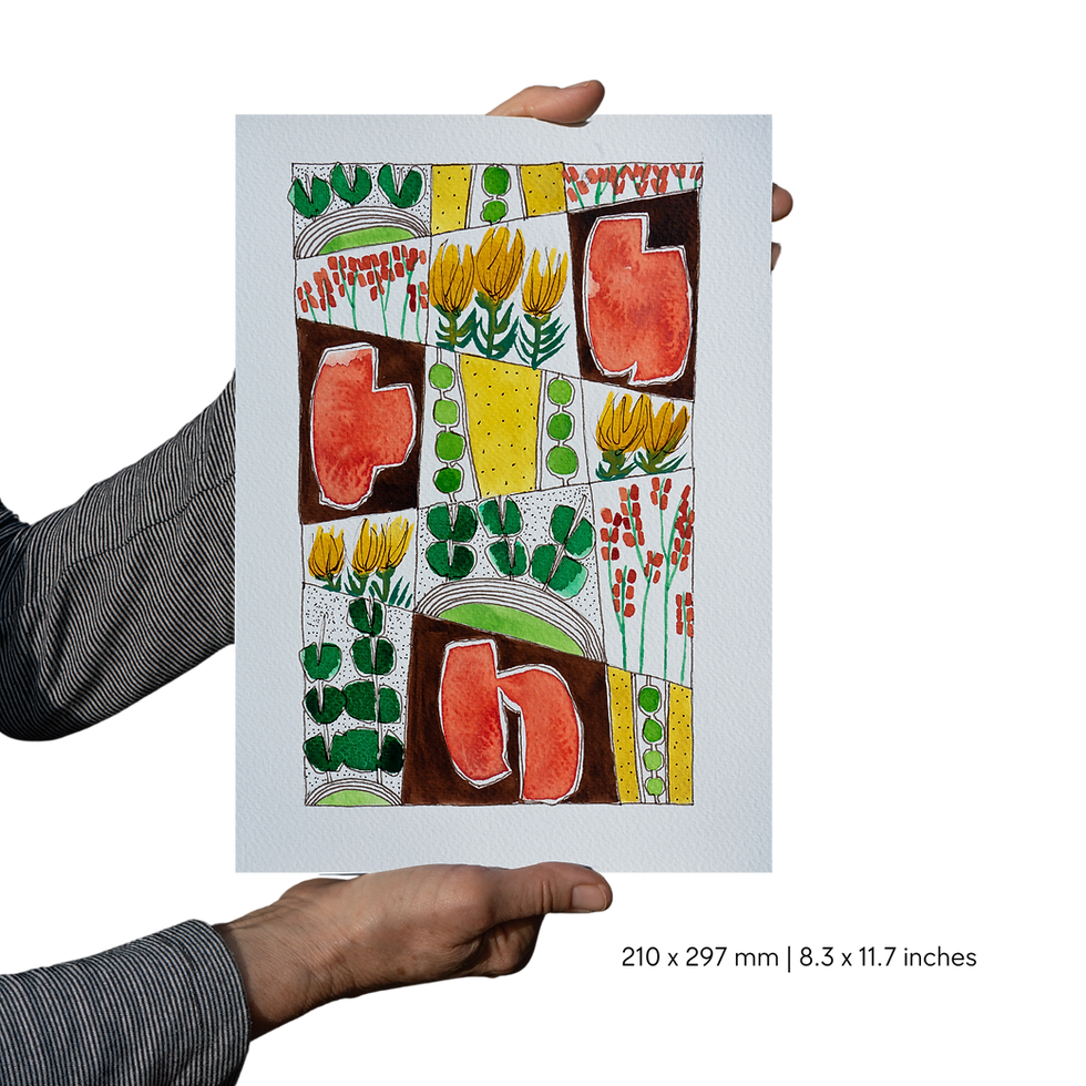 Miniatura: hands holding watercolour painting of late summer in green, orange and yellow shades with a white border and dimensions