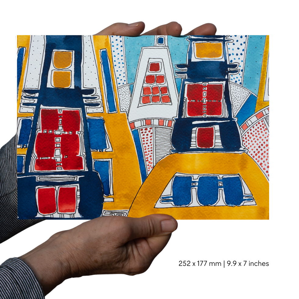 artist's hands holding original watercolour painting of of yellow, blue and red ships with dimensions