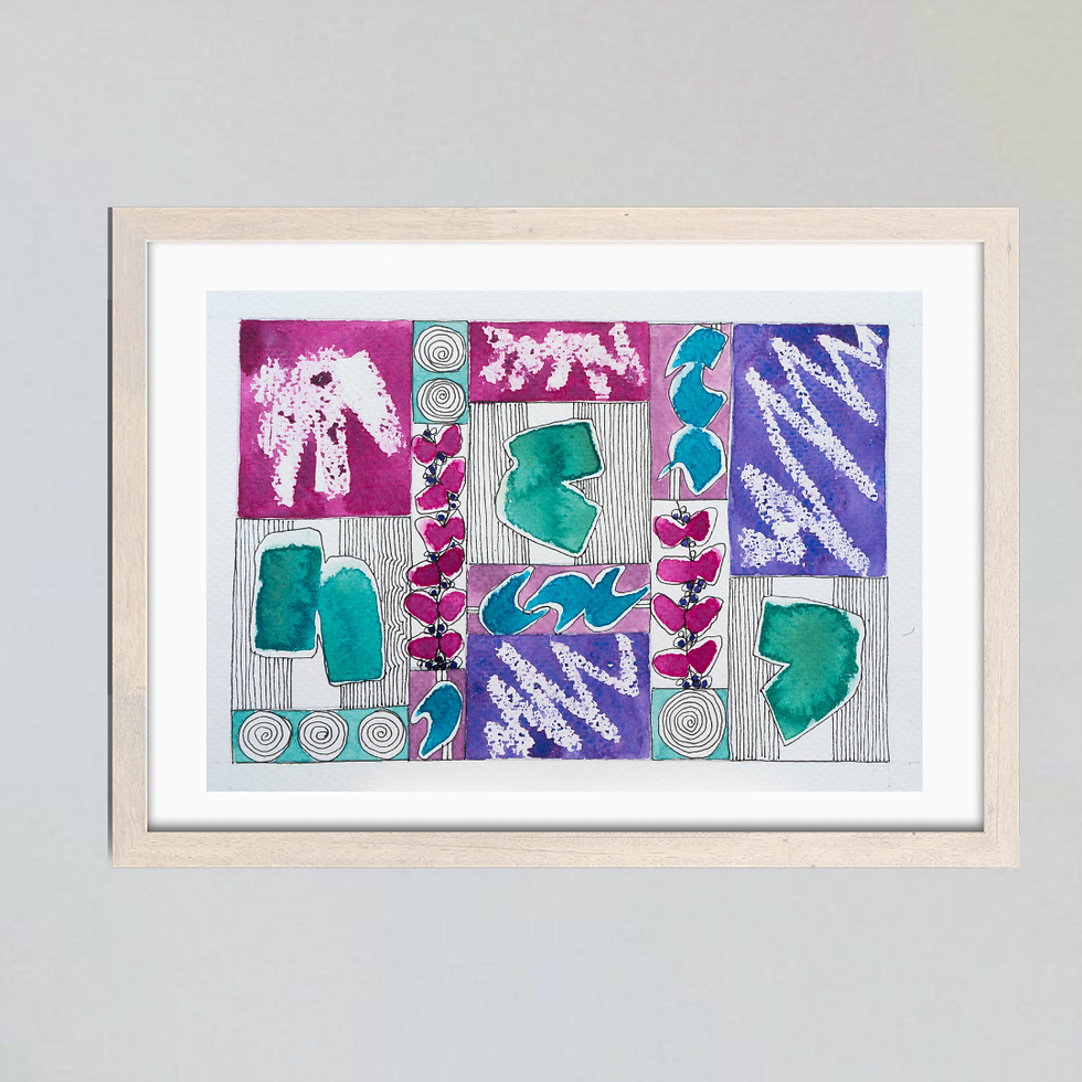 Thumbnail: a mockup of watercolour painting in pink and purple shades in a light frame