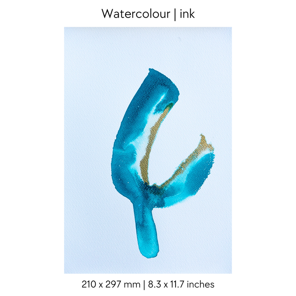 Miniatura: an original watercolour blue and gold painting on w white background  with dimensions