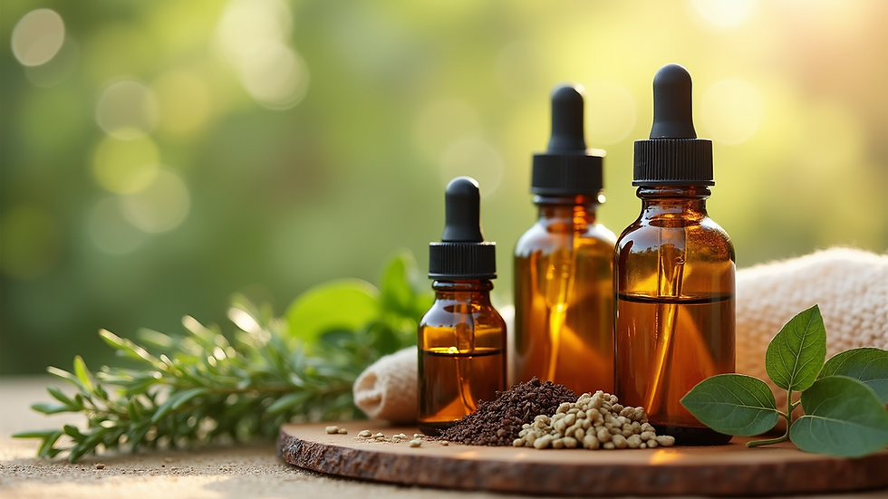 Close-up of essential oils and herbs for skincare products