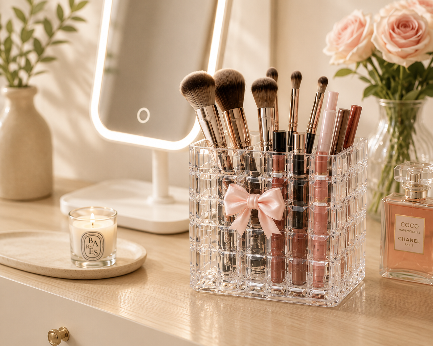 Clear Makeup Organizer with Bow Detail