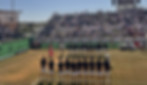 Two sports teams lined up on a sunny field in a stadium