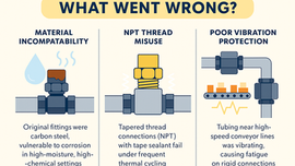 Diagram showing the escalating costs of leaks in industrial instrumentation systems, including pressure loss, emergency repairs, product contamination, and production downtime.