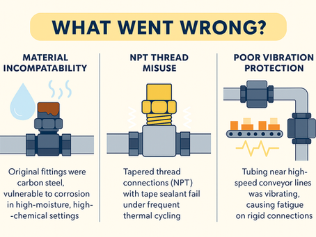 Diagram showing the escalating costs of leaks in industrial instrumentation systems, including pressure loss, emergency repairs, product contamination, and production downtime.