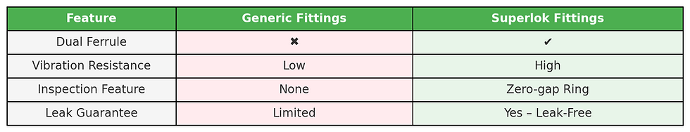 Figure 4: Feature comparison between generic fittings and Superlok leak-proof fittings.