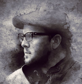 Black and white portrait drawing of Austin Basis in a newsboy cap and glasses as the pensive J.T. Forbes from "Beauty and the Beast" by artist Catherine Nodet