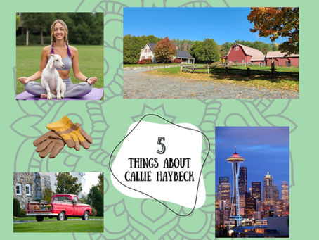 a woman in a yoga position with a small white goat on her lap, a New Hampshire farm in the fall; an old red pickup truck; the Seattle skyline