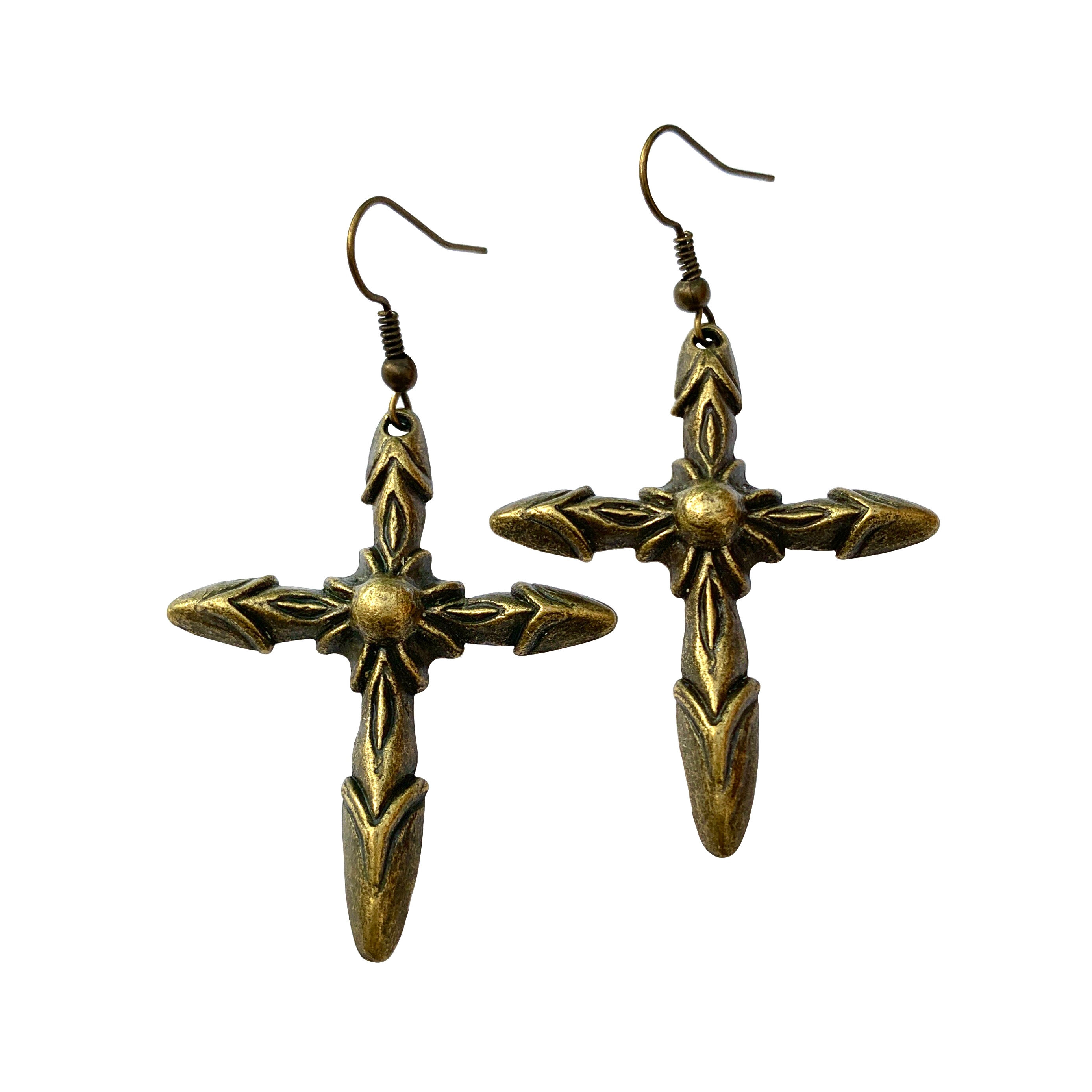 Boucles d'oreilles Croix gothique rustique bronze Jesus Croyance Dieu. Eglise bijoux thèmes catholiques orthodoxes pas cher